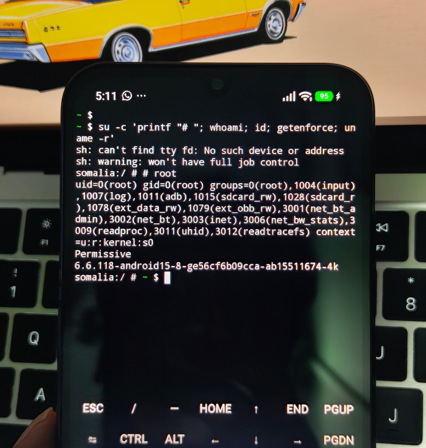 A phone running Termux. The command su -c prints uid=0(root), SELinux context u:r:kernel:s0, Permissive, and the 6.6.118 kernel. The shell also warns that it cannot find a tty.